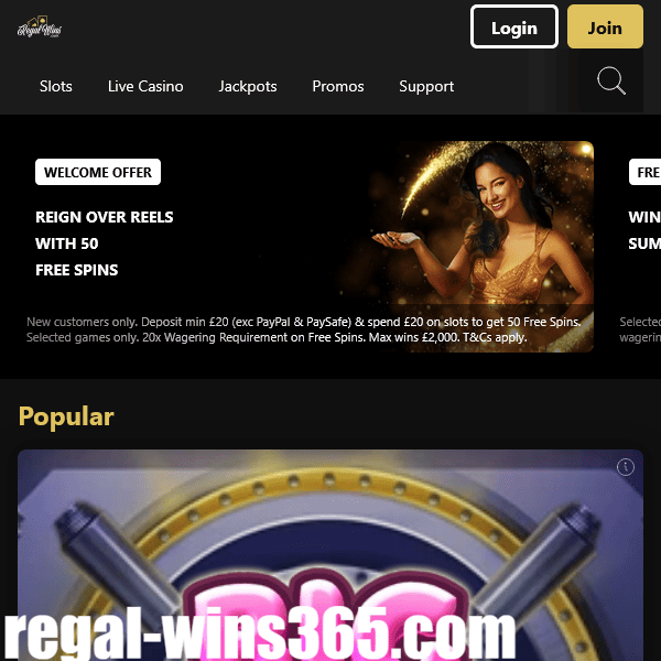 Regal Wins Casino Homepage Hero Section with Welcome Offer